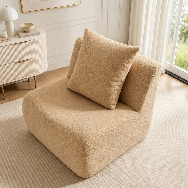 Canapé modulaire sans ossature en tissu Teddy doux, avec base antidérapante et sans assemblage, Camel