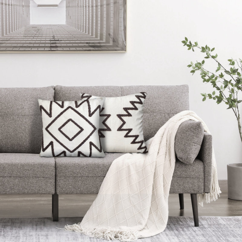 17 x 17 Inch White and Gray Cotton Embroidered Throw Pillow Set