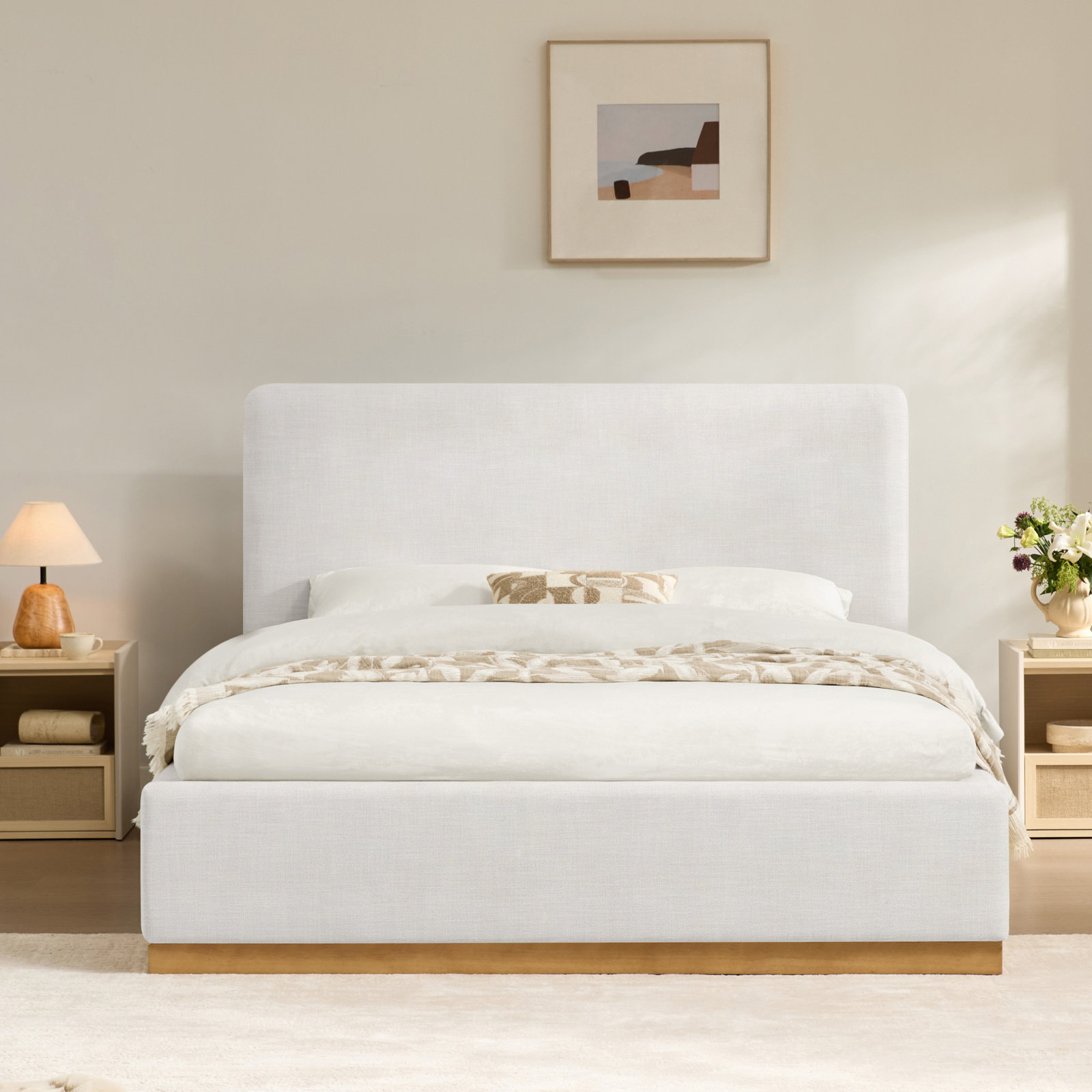 Delpha Upholstered Oak Bed, Queen, Selene White