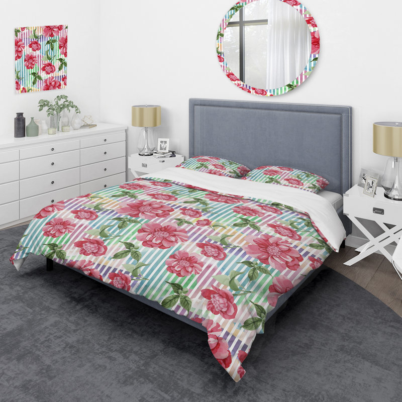 Roses roses et feuille verte - ensemble de housse de couette floral - microfibre de polyester