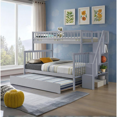 Twin Over Full Stairway Bunk Bed With Trundle,Gray