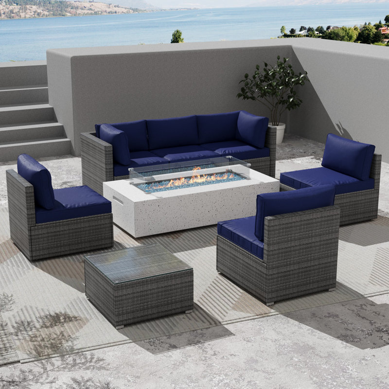 Ensemble de conversation modulaire 9 pièces avec coussins et table foyer, Bleu marine / gris