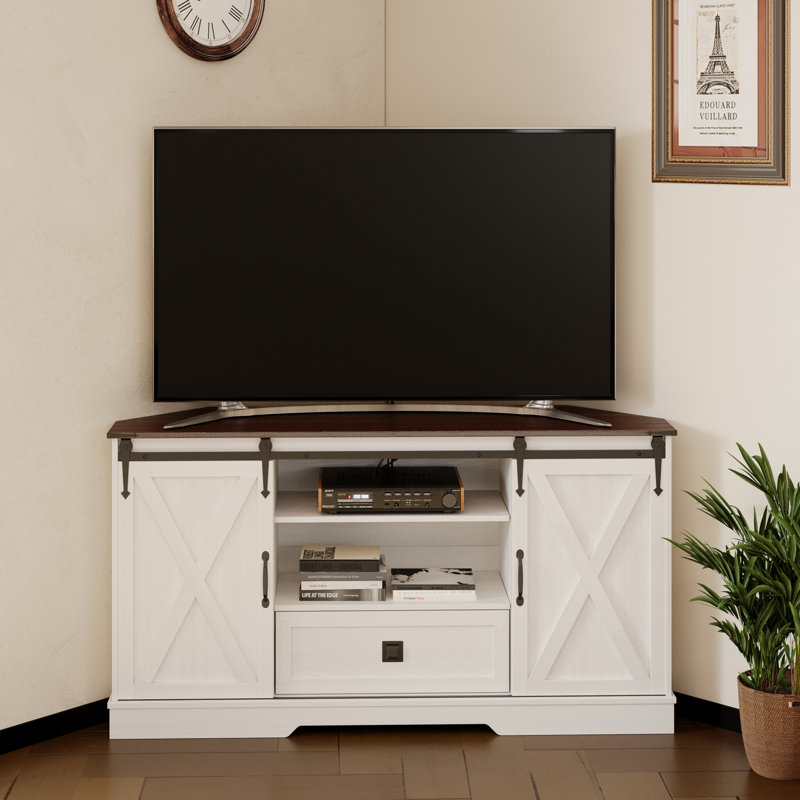 Meuble télé d'angle pour téléviseur 65 po - avec porte de grange coulissante - Meuble audio-vidéo - Armoire média - 58 po x 16 po x H 31,5 po