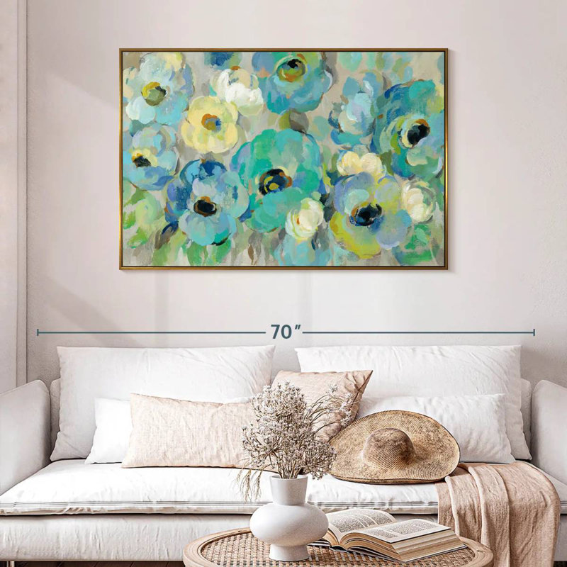 Fleurs bleu sarcelle fraîches I, 46 po x 31 po, Cadre flottant doré