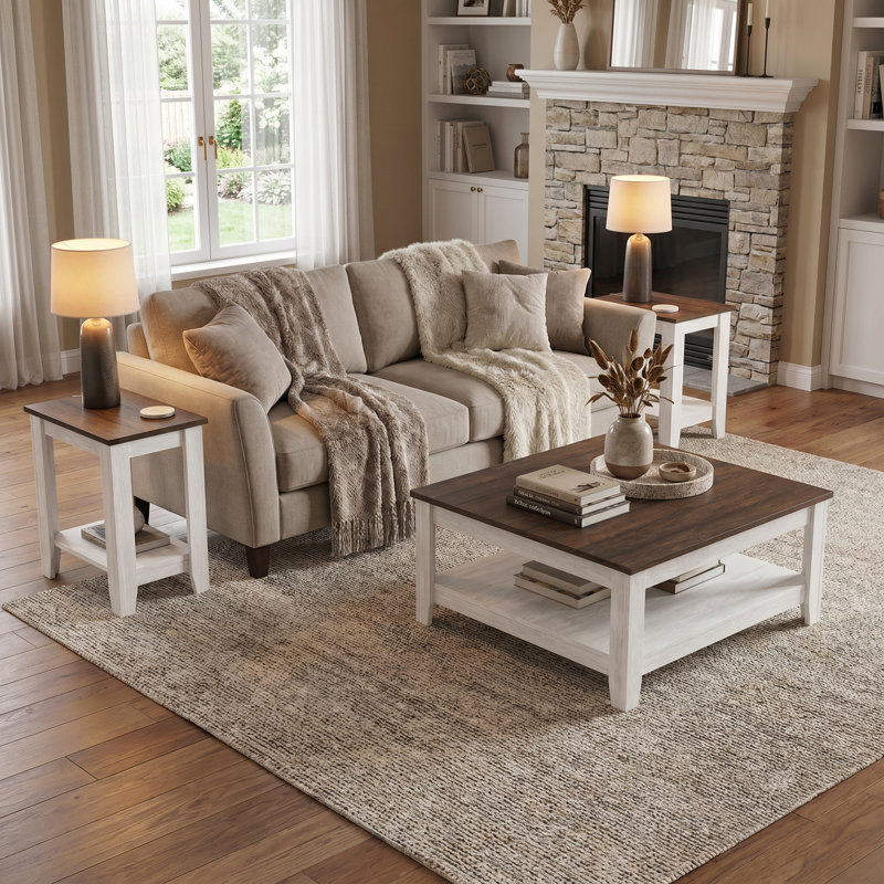 Weddel Basilico Modern Farmhouse 3 Piece Living Room Table Set, Dusty Walnut/Dusty Gray Oak