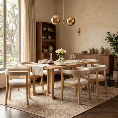 Ensemble de salle à manger 7 pièces pour 6 personnes, table de cuisine rectangulaire avec 6 chaises rembourrées à dossier arrondi, table de salle à manger en bois veiné avec dossier incurvé et sièges rembourrés (naturel)