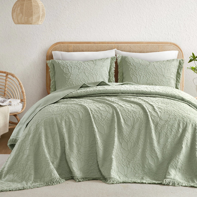 Ensemble de couvre-lit pour grand lit 3 pièces - chenille florale avec bordure frangée, mélange de coton respirant et, grande taille pour une utilisation à l'année, qualité de la fibre, approuvé, lavable à la machine