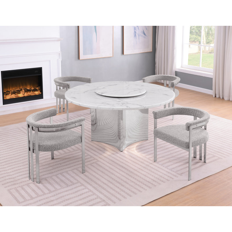 Ensemble de salle à manger en marbre blanc avec chaises Lazy Susan et Boucle, Gris riche, Argent argent