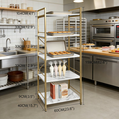 5-Tier Bakers Rack With Storage Shelf, Free Standing Kitchen Organizer For Appliances, Sturdy Metal And MDF Construction With Adjustable Feet