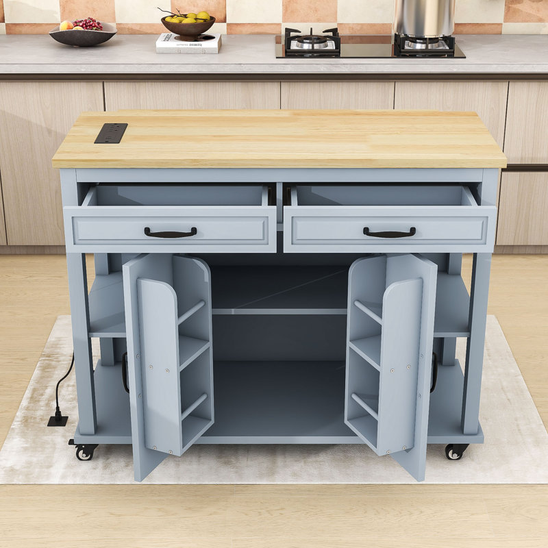 Extendable Kitchen Island with Integrated Power Outlets, 2 Drawers and Cabinet, Gray-blue