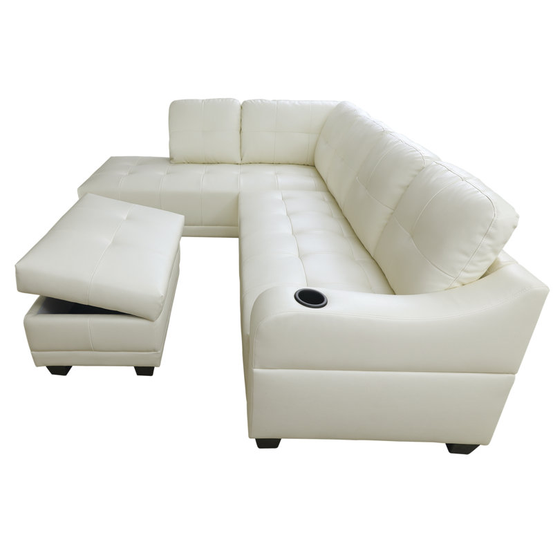 Gioia Faux Leather L-Shaped Sectional, Left Hand Facing, Off White Faux Leather