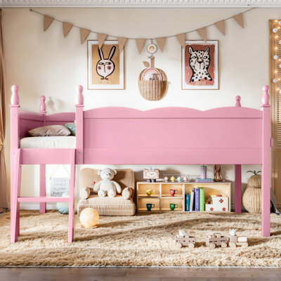 Twin Size Solid Wood Loft Bed with Full-Length Guardrails, Ladder & Book Shelf, Low Profile, Pink