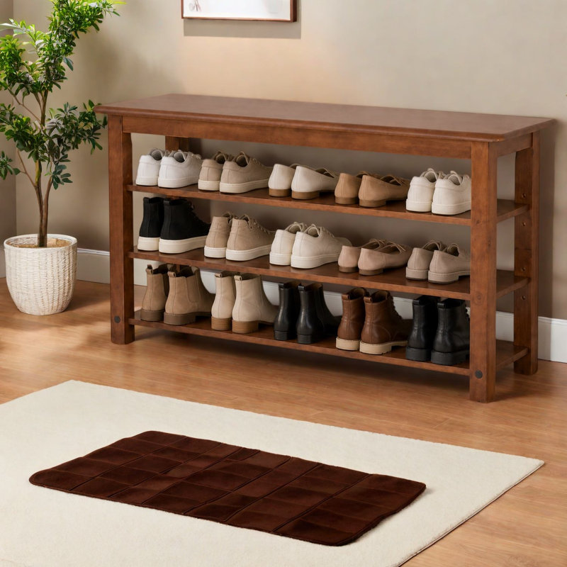 Banc de rangement pour chaussures, tablettes réglables en bois massif à 3 niveaux, vestibule en noyer
