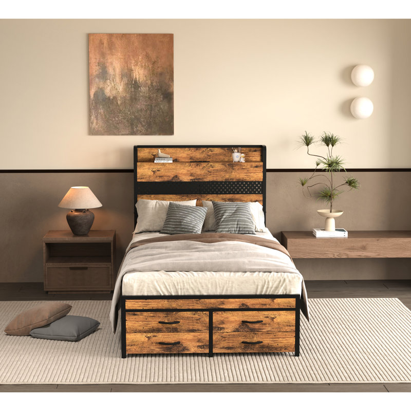 Lit simple en métal noir avec rangement et cadre - Maximisez l'efficacité de votre chambre à coucher, aucune stabilité de sommier n'est requise, créez une chambre fonctionnelle