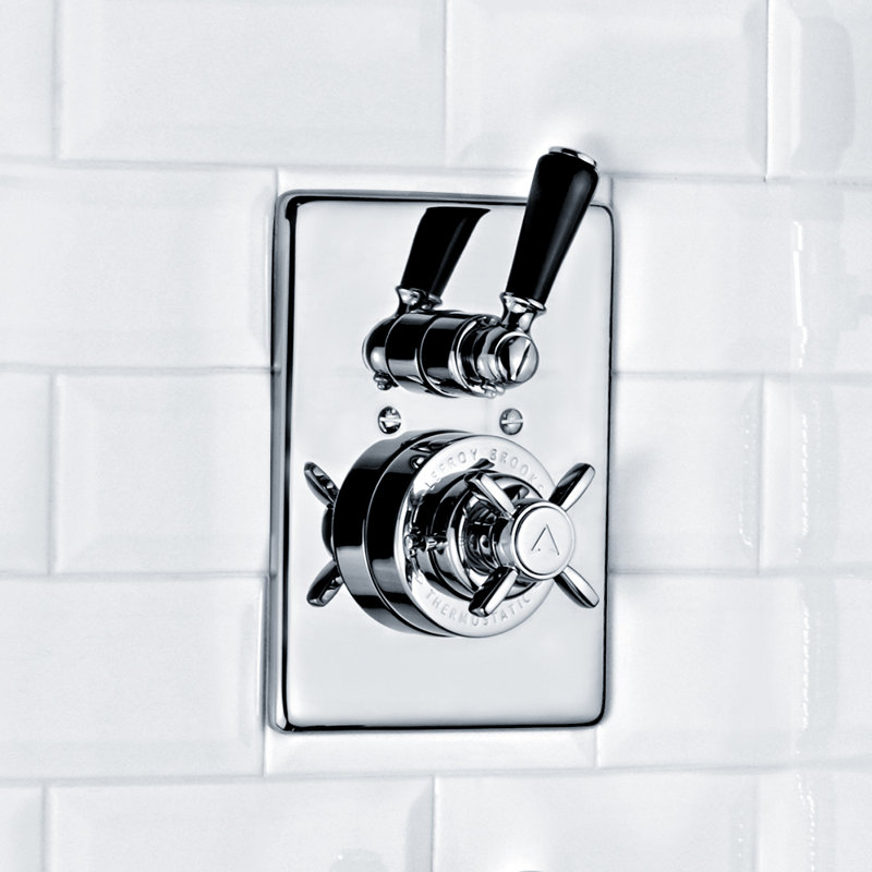Système de douche thermostatique noir classique avec contrôle de débit intégré, Chrome poli