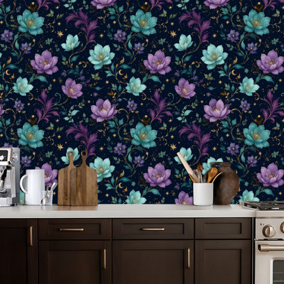 Papier auto-adhésif à peler et à coller Élégant floral mauve sarcelle auto-adhésif et amovible 24 po x 118 po (60 x 300 cm)