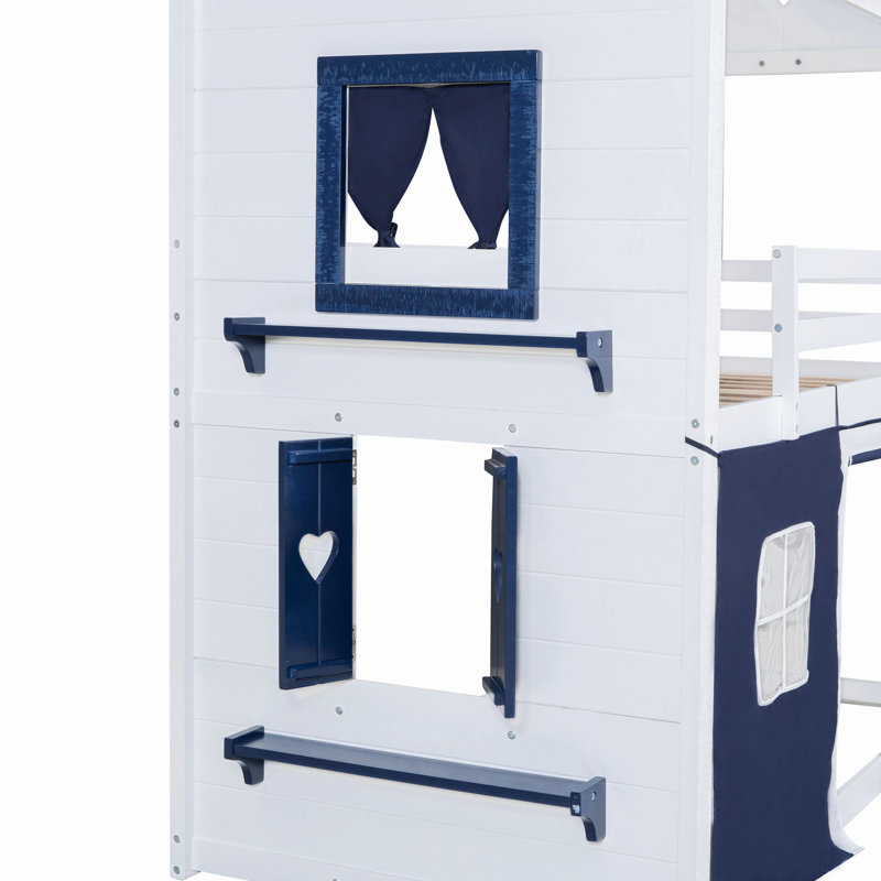 Lit superposé en bois avec élégantes fenêtres, rebords et tente, Twin, Blue