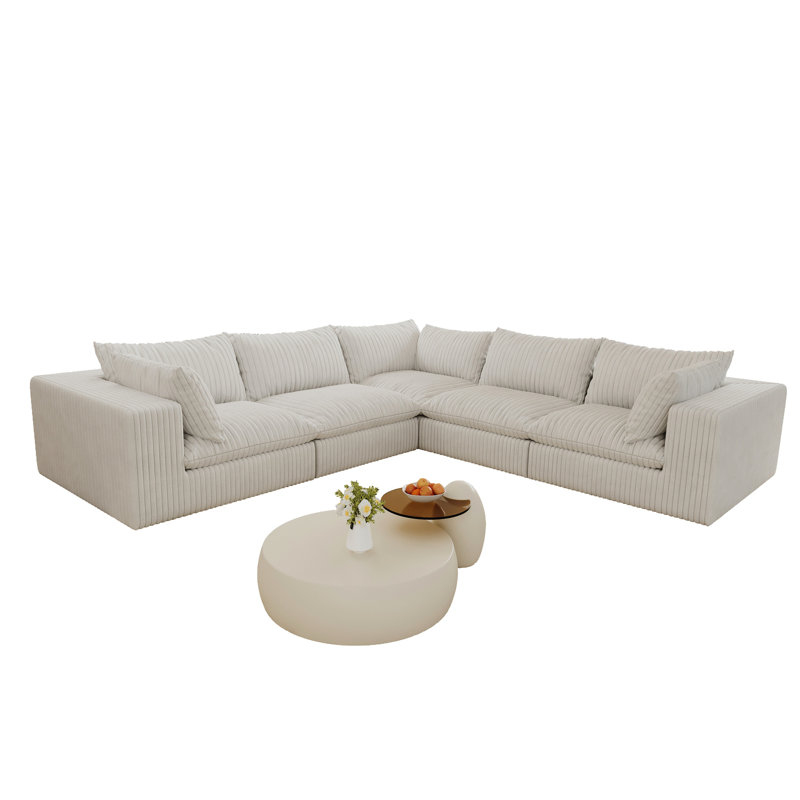 Nuage de velours côtelé blanc de 118,2 po, 5 sièges, fabrication à deux couches, coussin amovible, sans assemblage, bricolage pour le salon et la conférence, rembourrage en mousse souple, compression à haute densité pour économiser de l'espace
