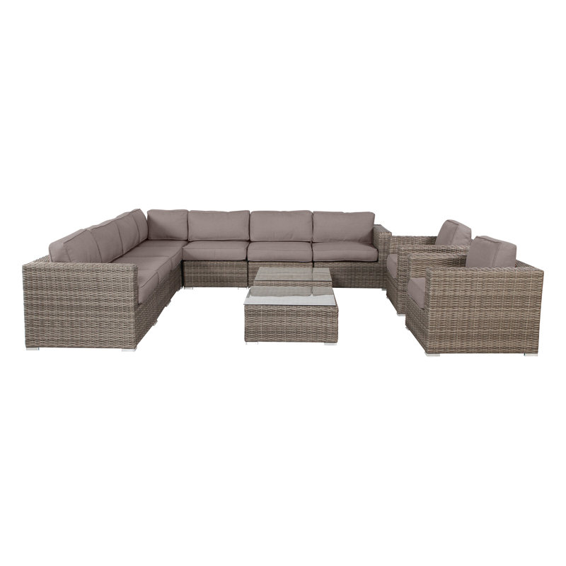 Ensemble de conversation en osier pour 8 personnes avec coussins Trinton, Sunbrella taupe