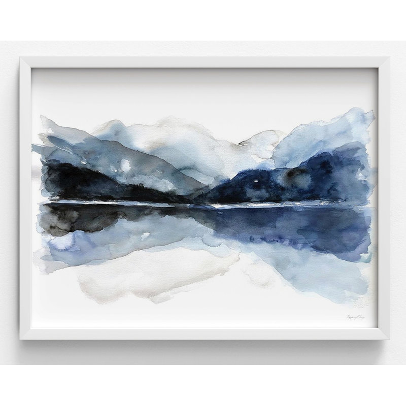 Idée de décoration murale paysage de montagne aquarelle bleu foncé Lake Lake, Reproduction encadrée avec passe-partout, Blanc