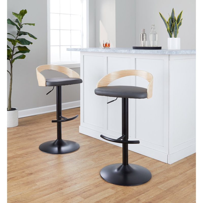 Tabouret de bar réglable avec pivot, Noir, Siège gris / cadre naturel, 3