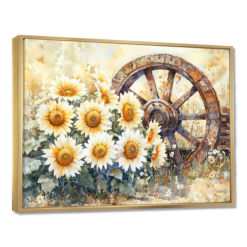 Doten Sunflowers By The Wagon Wheel - Art mural tournesols, H 30 po x l 40 po, Avec cadre, Doré
