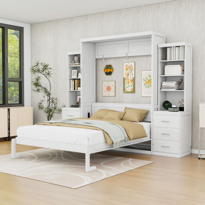 Multifunctional Wood Murphy Bed with Built-In Storage Drawers and Sturdy Shelves