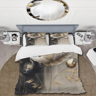 Ensemble de housse de couette à motif floral gris et or gris en microfibre de polyester