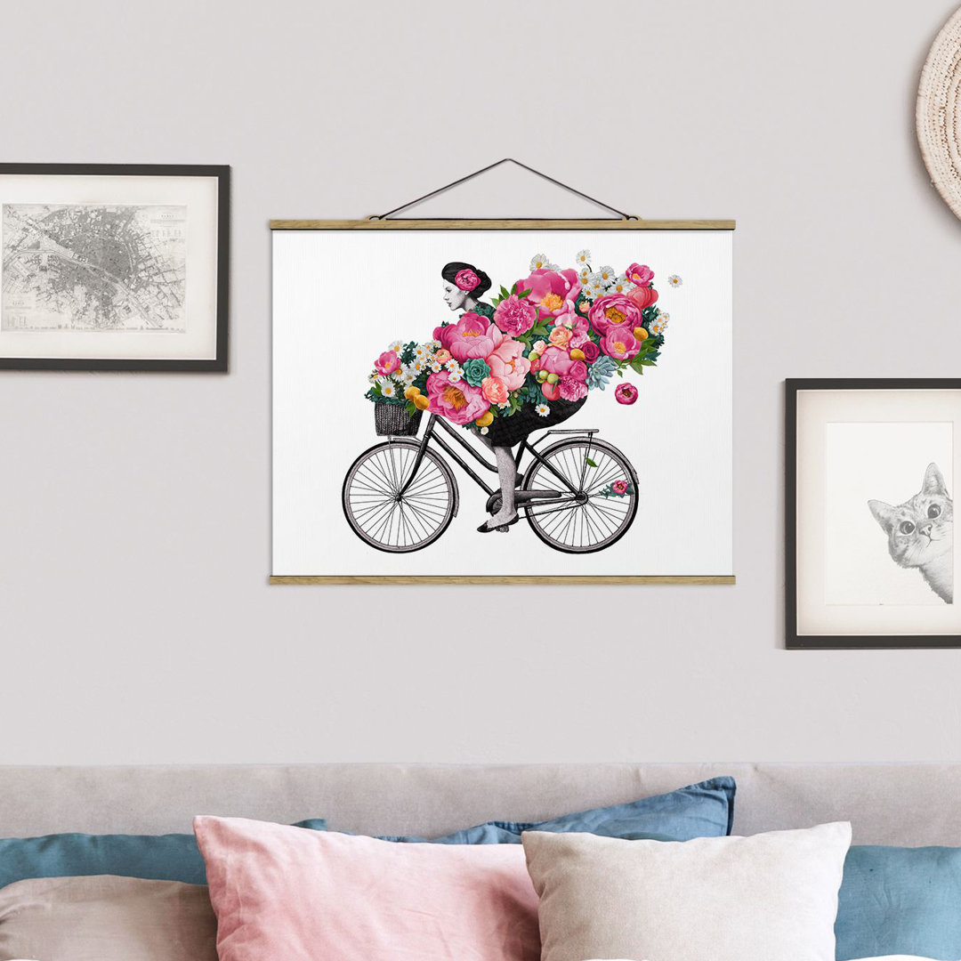 Wandbild Illustration Frau auf Fahrrad Collage Bunte Blumen von Laura Graves