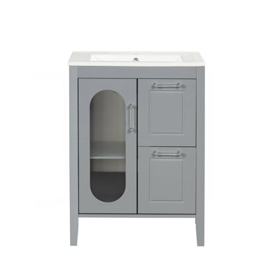 Meuble-lavabo 24 po avec lavabo, meuble-lavabo avec deux tiroirs et porte, tablette réglable, bois massif et panneau de fibres à densité moyenne, gris