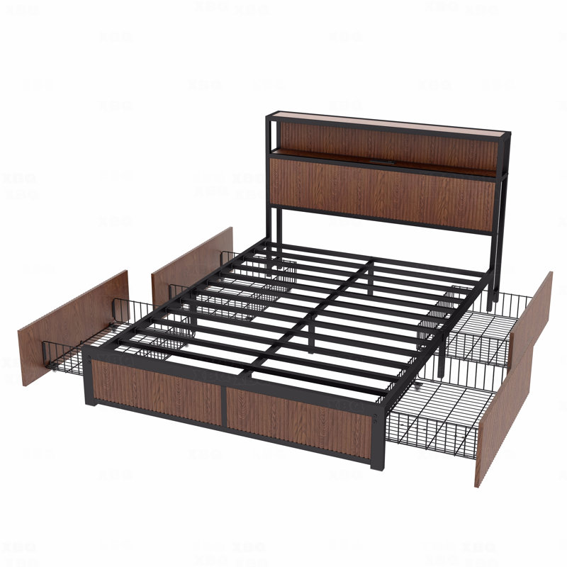 Platform Bed Frame Large Raised-Pattern Storage Bed Frame, Wooden With Multiple Drawer Storage Function, Bedside Socket