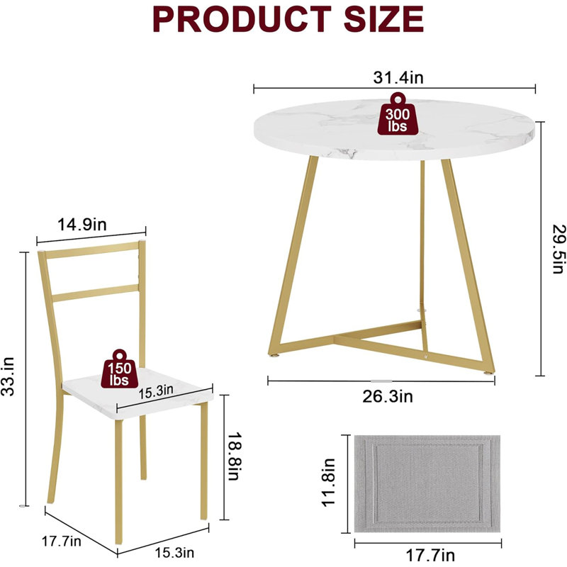 Ensemble de table de salle à manger 3 pièces pour 2 personnes, table de cuisine avec 2 chaises rembourrées, plateau en panneau de fibres à densité moyenne et structure en métal, ensemble de salle à manger peu encombrant pour appartement, coin repas et petits espaces