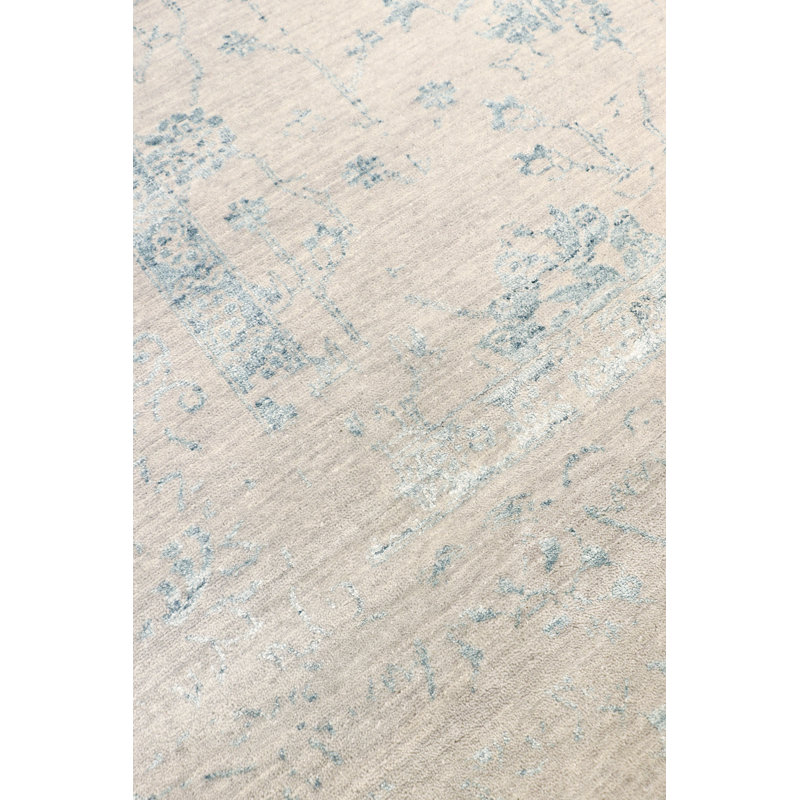 Transitional Abstract Hand-Knotted Rectangle 8'11" x 11'8" Wool/Silk/Rayon From Bamboo Area Rug in Silver/Aqua