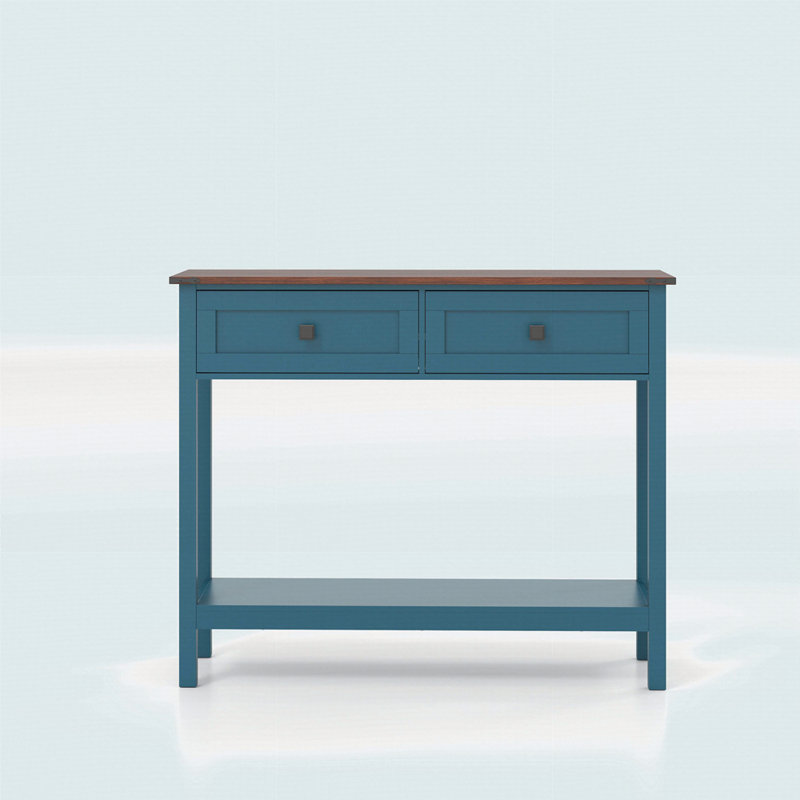 Farmhouse Style Console Table With 2 Drawer And Bottom Storage Shelf, Blue