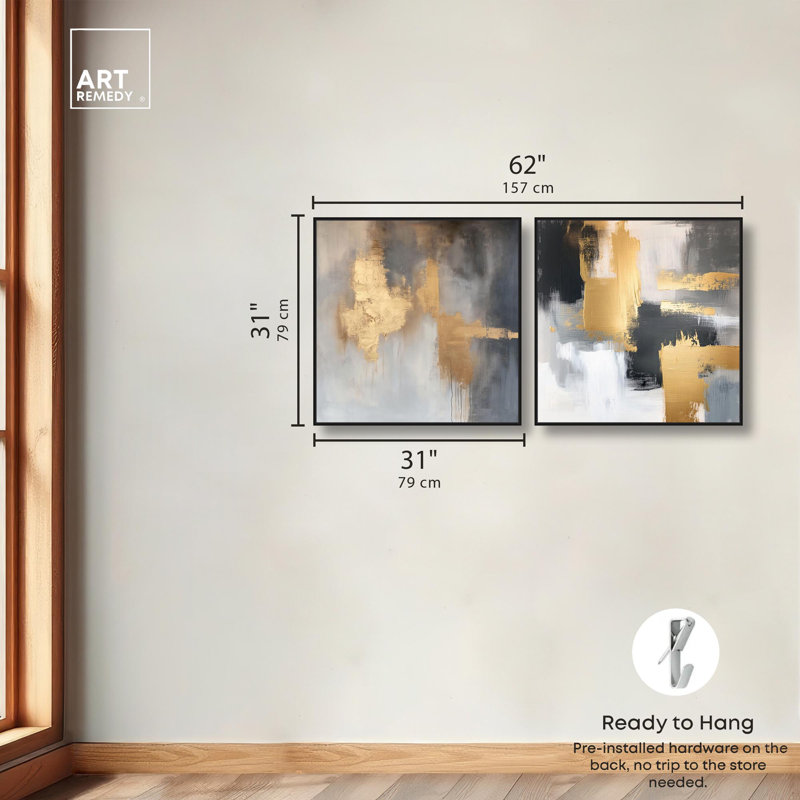 «Gilded Tranquil Abstract Art», ensemble de 2 panneaux sur toile par , H 31 po x l 31 po, Noir
