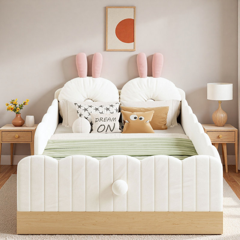 Lit plateforme tapissier avec coussins en forme d'animaux et sacs de rangement, Beige