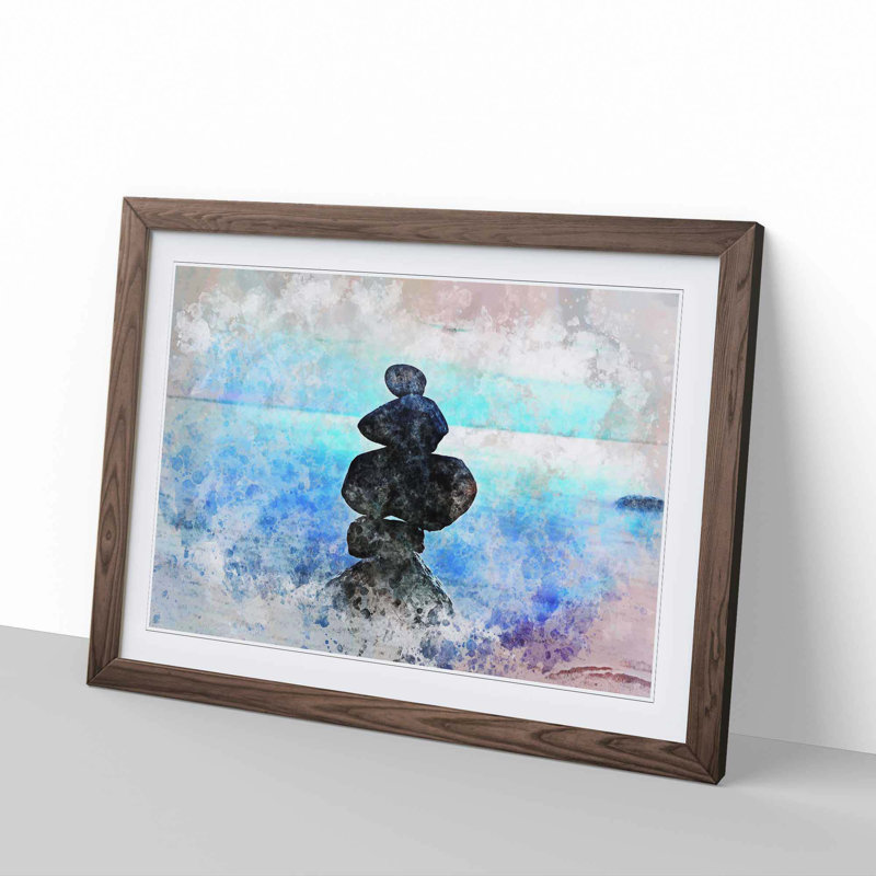 Balancing Zen Stones upon a Lake in Abstract - Picture Frame Painting Print, 48cm H x 65cm W x 2cm D, Walnut Framed