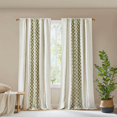 1 PCS 50" Cotton Printed Curtain Panel With Chenille Stripe And Lining Green