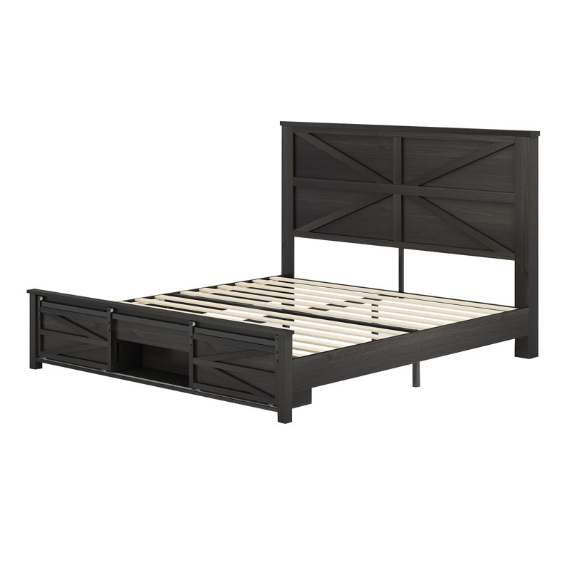 49" H Farmhouse Bed Frame With Sliding Barn Door Storage Cabinets