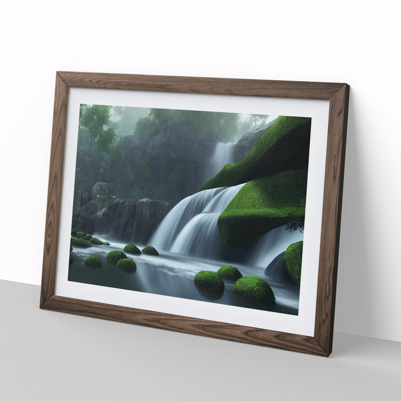Reflective Waterfall - Single Picture Frame Print, 46cm H x 64cm W x 2cm D, Walnut Framed