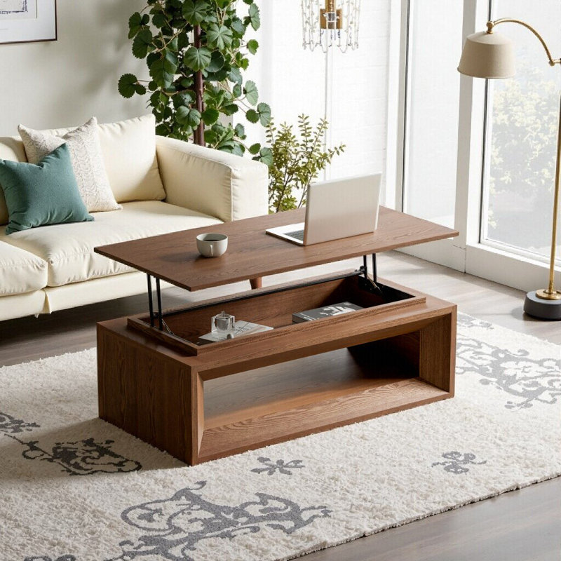 Table basse à plateau relevable avec rangement réglable en hauteur UnaLuz, Noyer