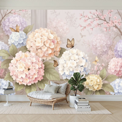 Papiers peints et adhésifs à motif de feuilles d'hortensia pastel à motif floral feuilles murales amovibles en H 100 po x l 144 po papier adhésif amovible en PVC pour chambre à coucher, bureau à domicile