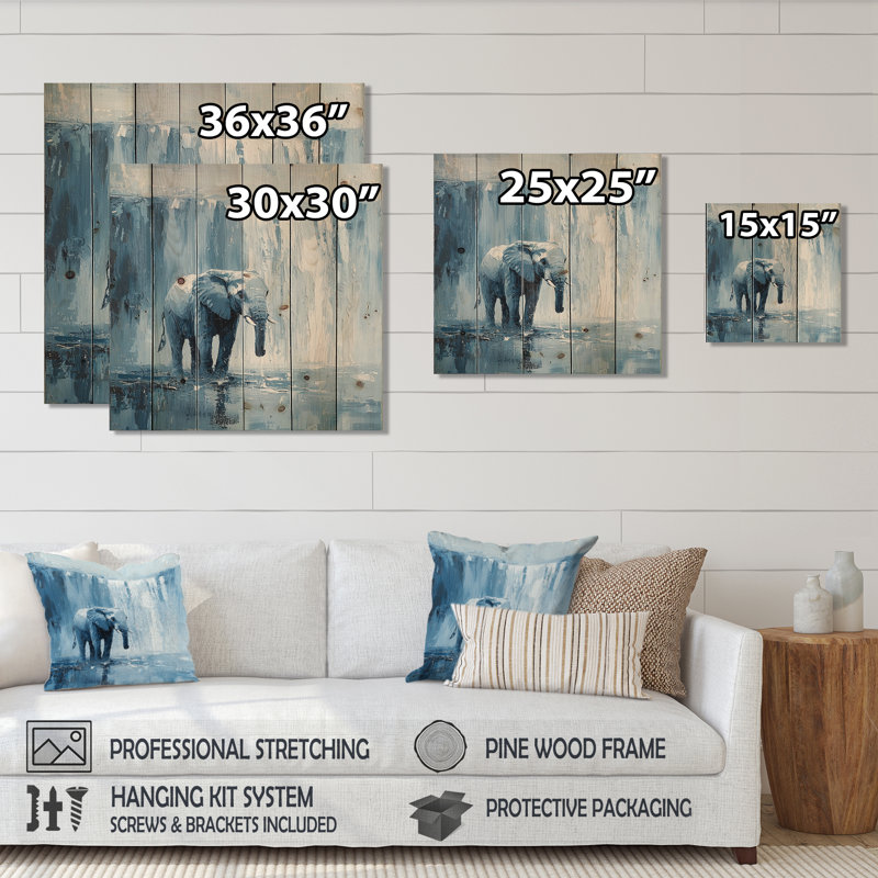 Éléphant monochrome et la chute d'eau II - Éléphant, décoration murale en bois animal - sur bois de pin naturel