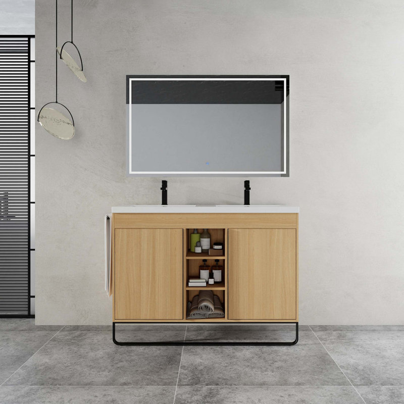 Meuble-lavabo autoportant 48 po avec double lavabo en résine, 2 portes à fermeture douce et 3 tablettes de rangement ouvertes