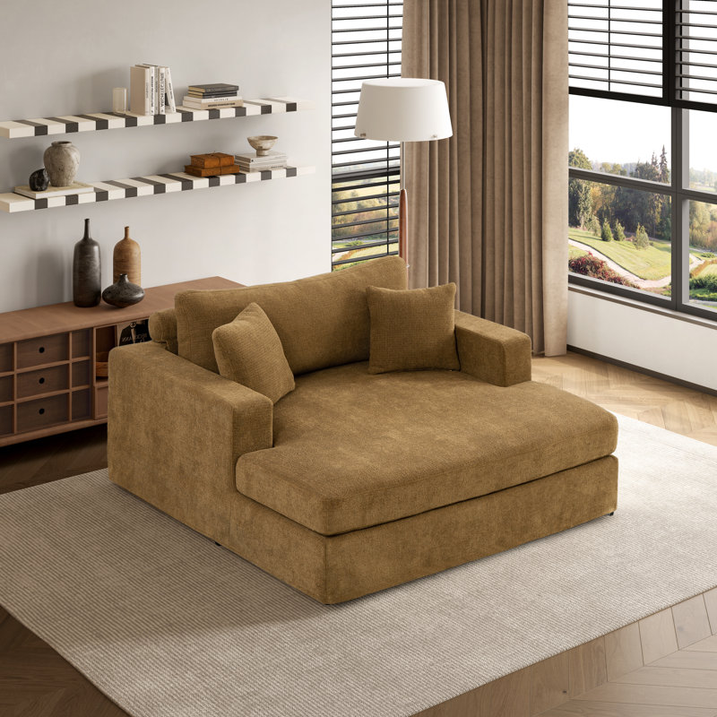 Large méridienne rembourrée avec tissu chenille et pieds en métal, Brown