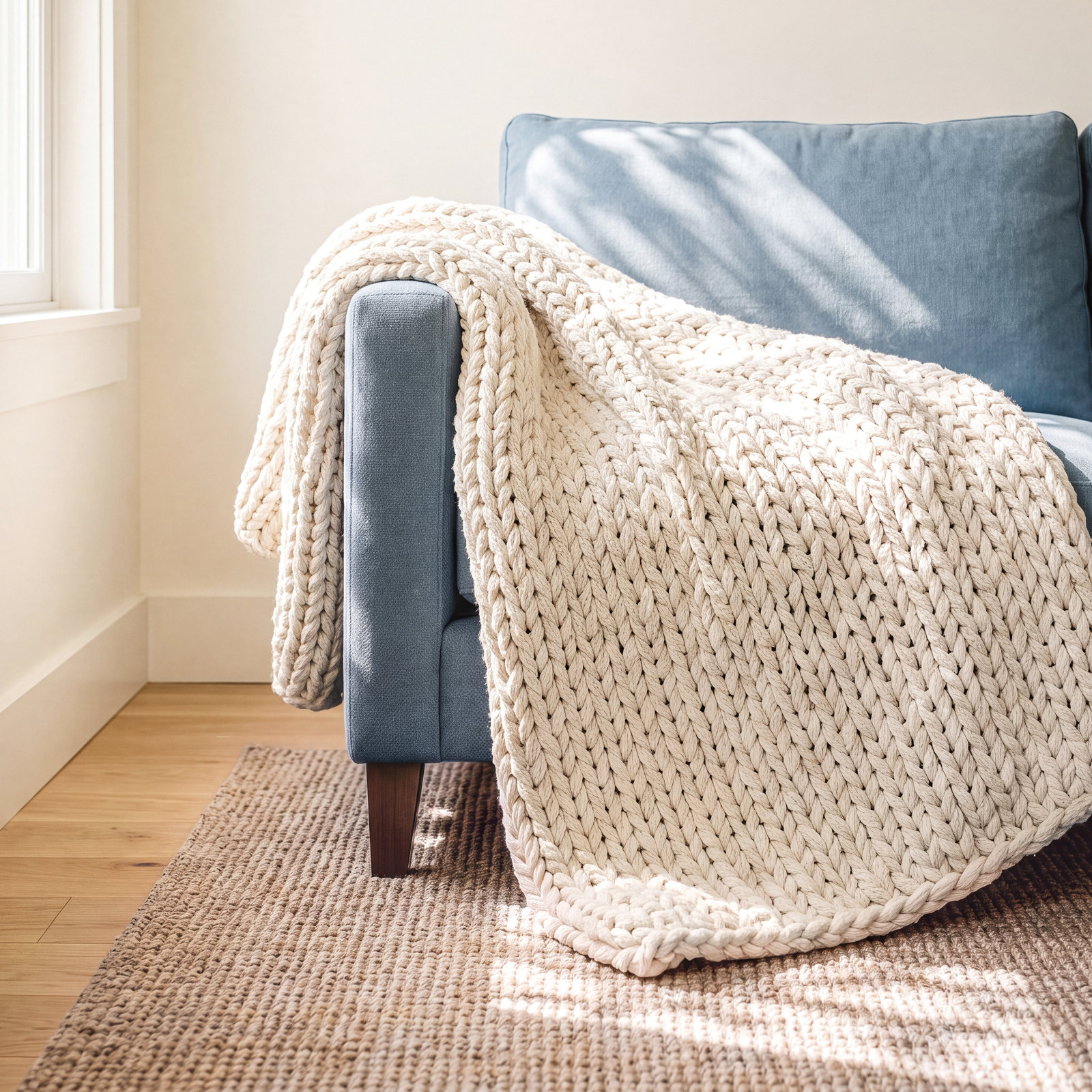 Handmade Knit Throw Blanket, Ivory