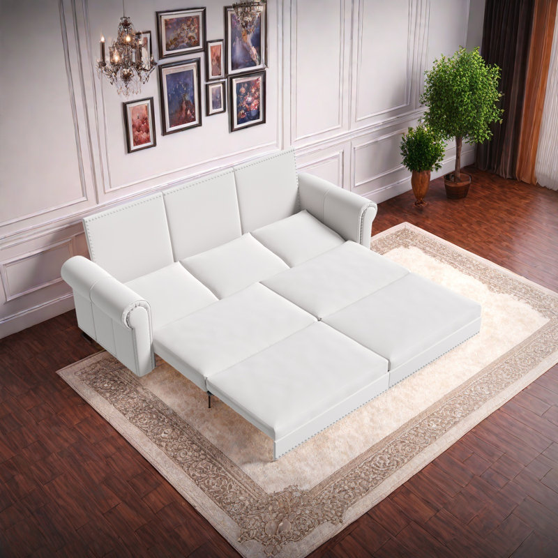 3-in-1 Convertible Sleeper Sofa Bed with Nailhead Trim & Rolled Arm, Beige