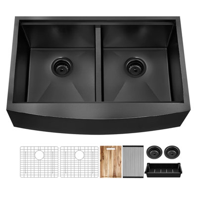 33'' Double Bowl Worstation Kitchen Sink, Black Nano Pvd, 16 Gauge Stainless Steel Farmhouse Apon-front Kitchen Sink