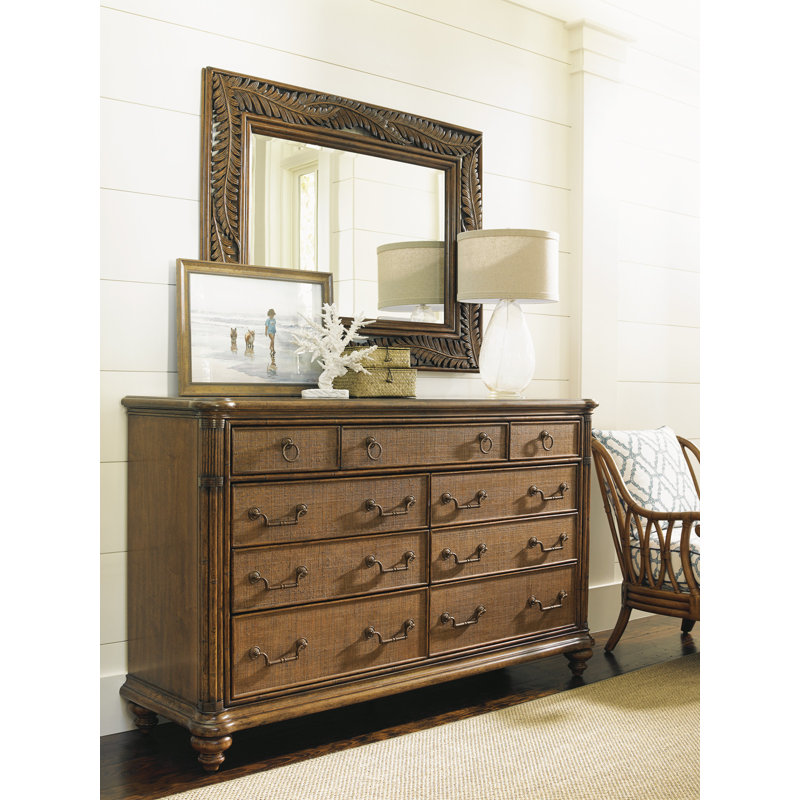 Transitional Brown Wood and Leather Rectangular Mirror