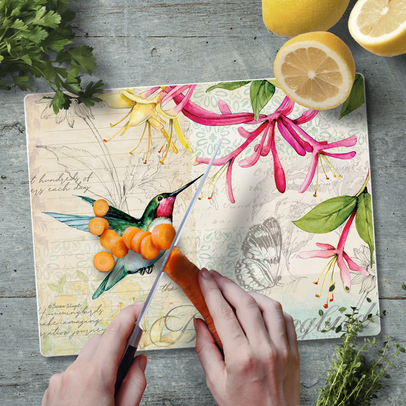 Hummingbird Floral Tempered Glass Rectangular Cutting Board 10" x 8"